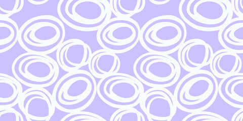 Seamless abstract pattern featuring hand drawn white circular shapes on a pastel purple, violet, lavender background. Simple ornament print for modern textiles, gift wrapping, wallpapers, branding,