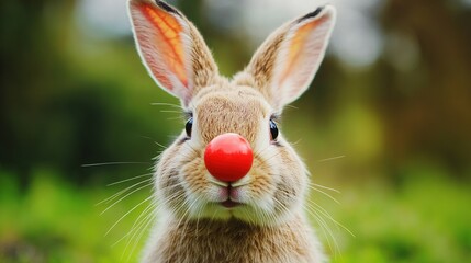 A close-up portrait of an Easter bunny with a red nose. This photo captures a whimsical moment that evokes joy during the celebration of Easter.