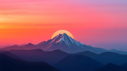 Fototapeta premium A snow-capped mountain at sunset, with vibrant pink and orange skies.