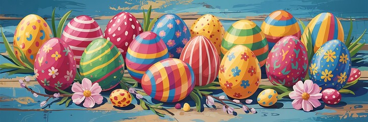 Vibrant Hand-Painted Easter Eggs with Unique Artistic Patterns Colorful Designs Arranged on Rustic Blue Wooden Surface with Festive Spring Elements for a Cheerful and Joyful Easter Holiday Celebration
