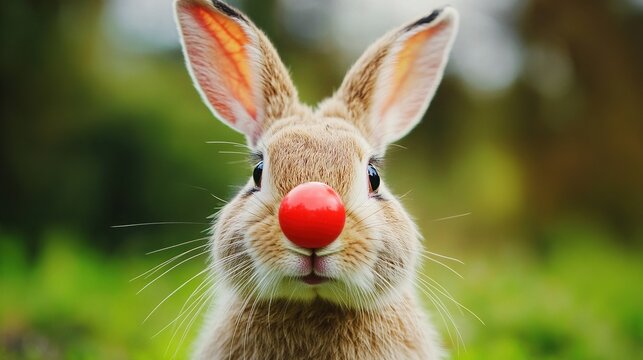 A close-up portrait of an Easter bunny with a red nose. This photo captures a whimsical moment that evokes joy during the celebration of Easter.