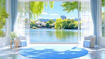 Fototapeta premium Cozy Reading Nook with Comfy Chairs in Tranquil Oasis by a Beautiful Lake View
