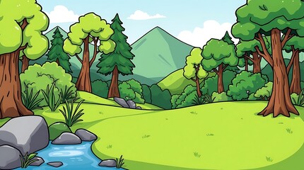 Cartoon illustration of a scenic landscape. A field of grass and a small stream run up to a lush forest with mountains in the background.