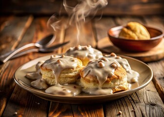 Delicious Homemade Biscuit and Gravy Long Exposure Stock Photo