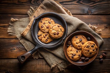 Fototapeta premium Delicious Homemade Biscuits and Chocolate Chip Cookie in Rustic Kitchen Setting - Top View
