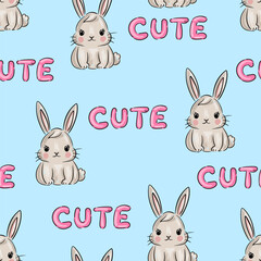 Fun kids pattern design featuring cute rabbits and playful text cute. Vector illustration