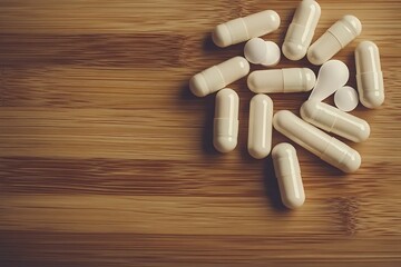 Assortment of Capsules and Pills on Wooden Surface