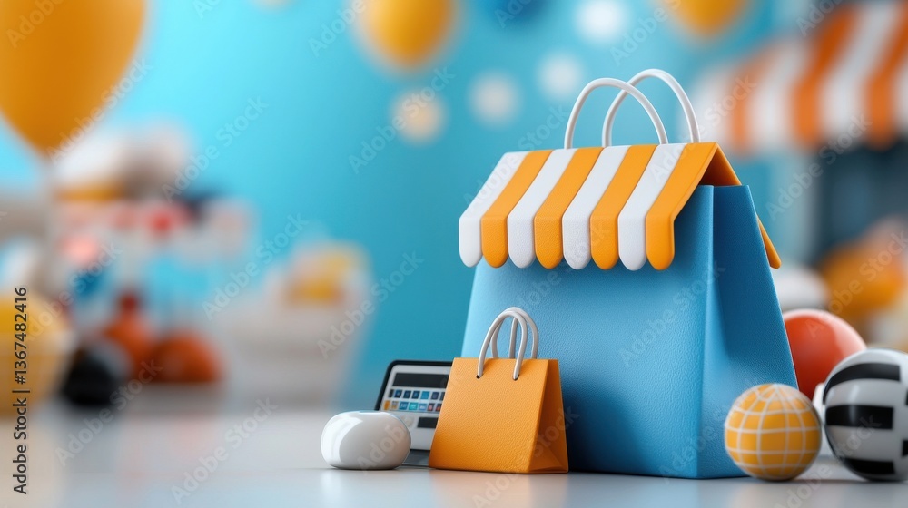 Aufkleber abstract background with vibrant geometric patterns and various shopping related elements such as sh