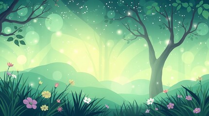 Obraz premium Illustration of a sunny meadow. Trees and flowers grow on hillsides with sunrays streaming through.