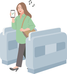 スマホで改札を通る若い女性