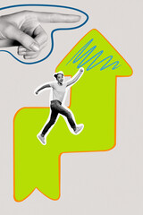 Trend artwork sketch design montage collage of big arrow up finger point gesture young lady walk smile goal progress development strategy