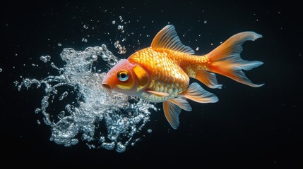 Vibrant Goldfish Swimming with Bubbles in Dark Water, Showcasing Bright Colors and Graceful Movements of Aquatic Life