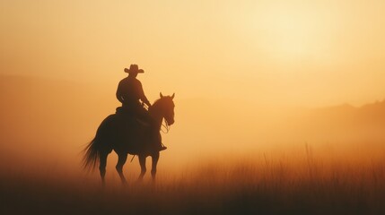 Silhouette of a Cowboy on Horseback Against a Misty Sunrise in the Countryside, Capturing the Essence of Freedom and Adventure in Nature