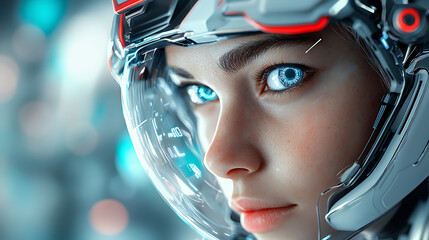 Futuristic cyber woman with radiant luminous eyes sci-fi city digital portrait high-tech environment close-up view sci-fi concept