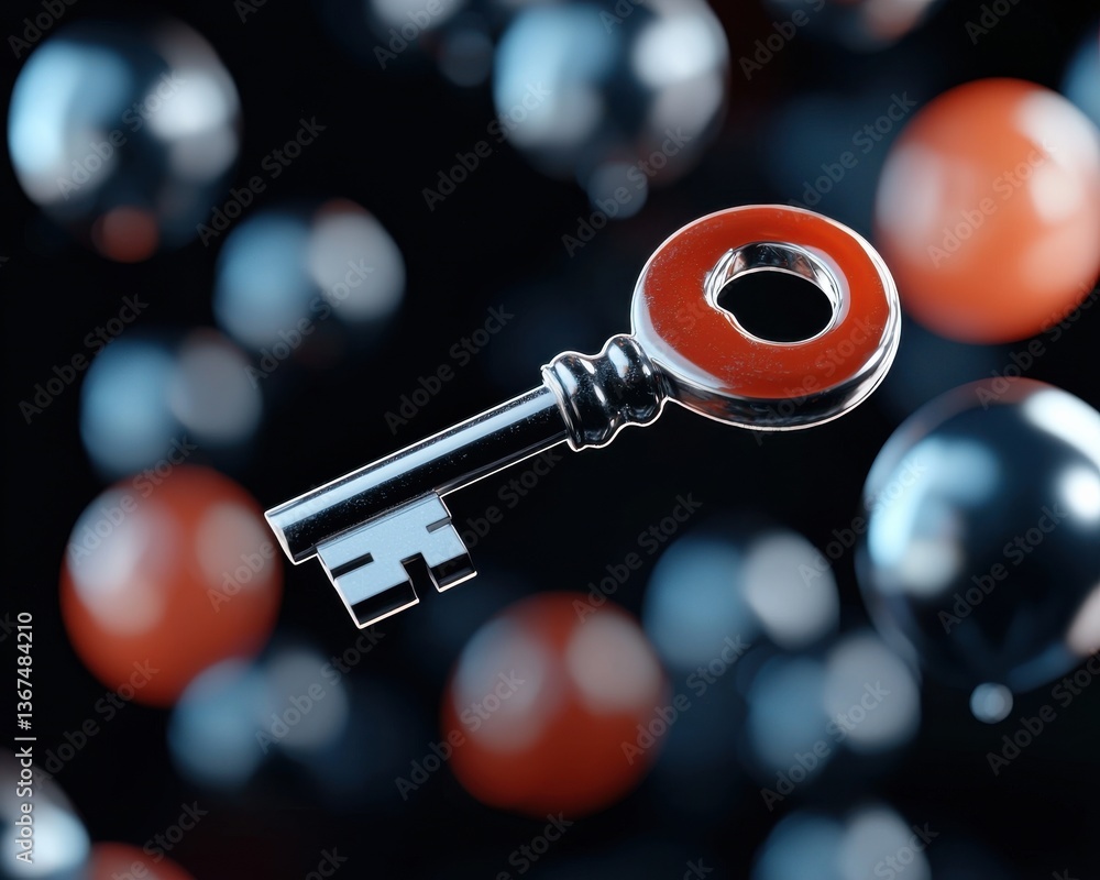 Poster close up of an old weathered and rusted metal key lying on a dark moody abstract background with blu