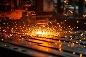 Industrial laser cutter creating sparks while cutting metal sheet