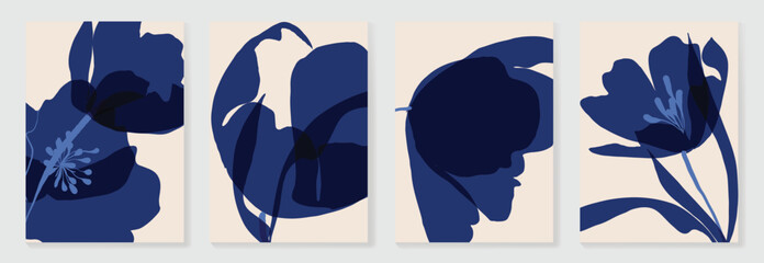 Abstract foliage wall art template vector. Set of botanical hand drawn wall decoration with flower, leaves in indigo. Illustration design for wallpaper, banner, prints, interior, poster. © TWINS DESIGN STUDIO