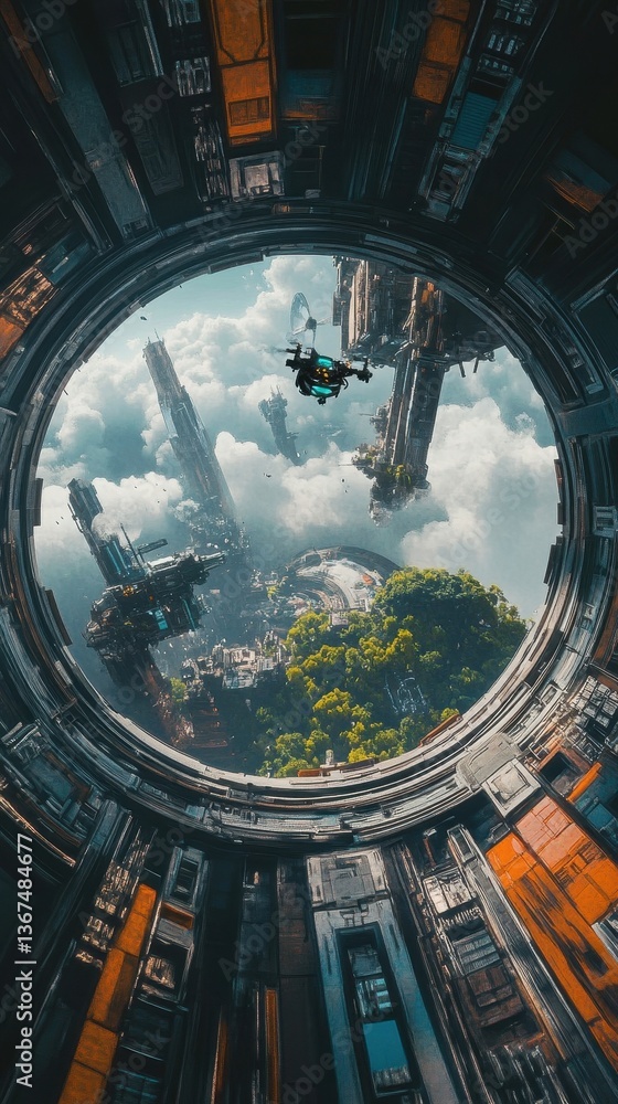 Poster view from within a circular structure towards a futuristic landscape