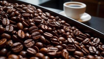 Coffee Culture Roastery Fresh Beans, A close-up of roasted coffee beans with a cup of coffee in the background.