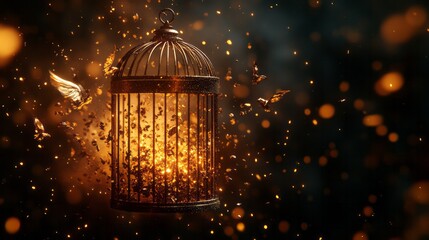 Birds with golden wings escape a dark ornate birdcage