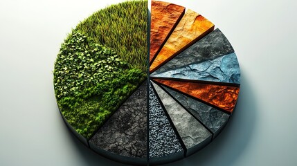 A 3D pie chart with each segment represented by unique textures like grass, metal, and fabric