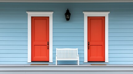Two Orange Doors and White Bench on Light Blue House Exterior