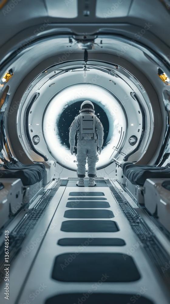 Poster an astronaut standing before a portal into the vast outer space