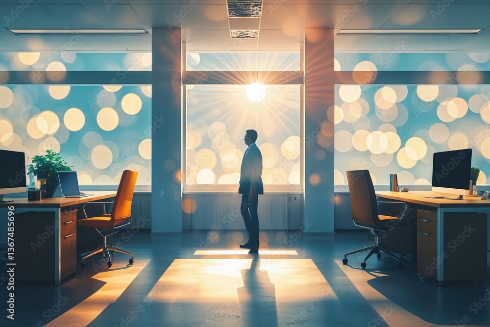 Poster inviting office atmosphere with ethereal shadows and radiant bokeh backgrounds featuring abstract bu