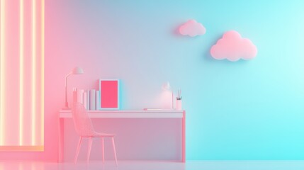 Contemporary Workspace with Minimalist Desk, Decorative Clouds, Pastel Colors and Ambient Lighting for Modern Ambiance and Cozy Atmosphere