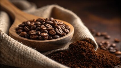 Slow Coffee Culture with Organic Coffee, A wooden spoon holds coffee beans beside ground coffee on a textured fabric background.