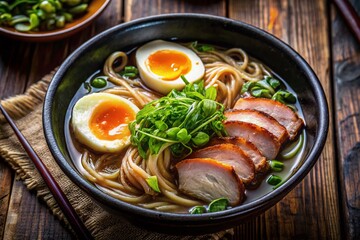 Delicious Miso Ramen Bowl with Chashu Pork & Soft Boiled Egg - Aerial View