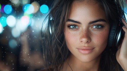 Captivating young woman with long dark hair listening to music on headphones with a serene thoughtful expression against a moody atmospheric night scene with blurred bokeh lights in the background