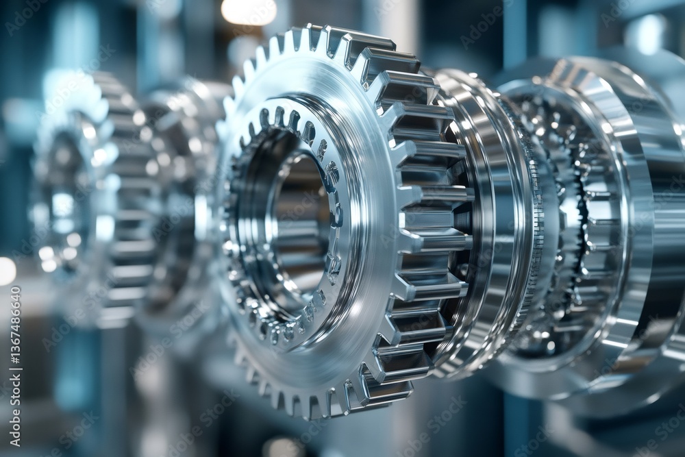 Aufkleber close up of shiny metal gears rotating smoothly in industrial setting