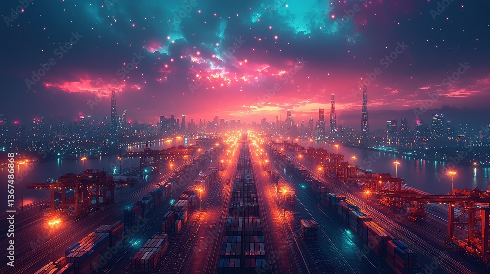 Poster captivating overhead view of a vibrant futuristic metropolis at nightfall glowing skyscrapers and a 