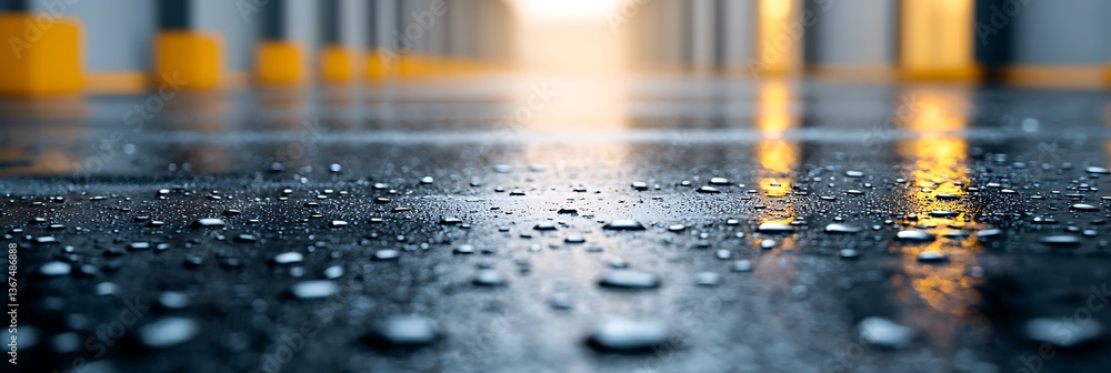Poster a close-up view of a wet floor reflecting light, with scattered droplets and a blurred background, c