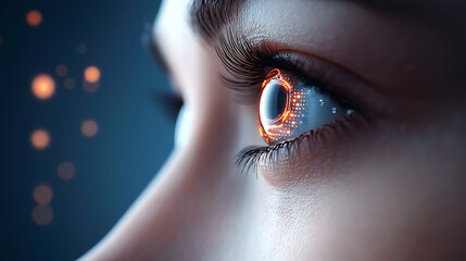 Fototapeta premium Futuristic vision female figure with holographic eye digital realm artistic render sci-fi inspiration close-up perspective innovation concept
