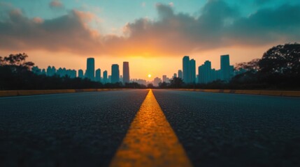 Serene Cityscape at Sunset with Yellow Road Line and Silhouetted Skyscrapers Under Dramatic Clouds and Golden Sky in Urban Setting