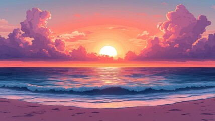Fototapeta premium Soft blend sunset over the ocean flat design top view tranquil evening theme cartoon drawing triadic color scheme