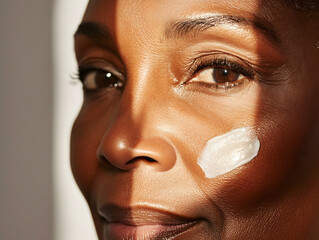 A close-up of moisturizing cream swatch applied to the cheek of senior black woman with wrinkled skin, product swatch