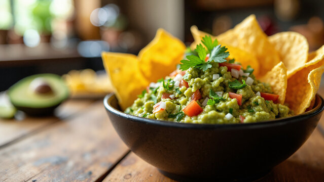 Freshly Prepared Guacamole Bowl Isolated on Transparent Background with Crispy Tortilla Chips for Food Blogs and Marketing Campaigns