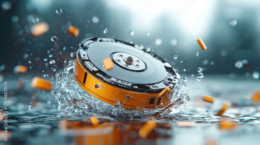 Poster close up photo of a wet and shiny hard drive disk surrounded by splashing water droplets in a rainy 