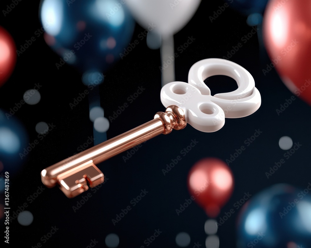 Poster antique silver key unlocking a cluster of colorful balloons against a dark bokeh filled background c