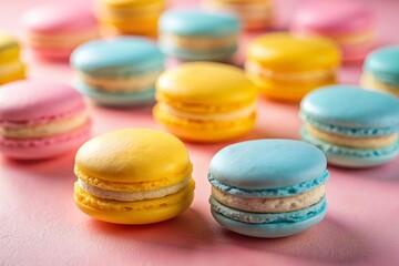 Fototapeta premium Delicious Pastel-Colored Macarons on a Modern Pink Table