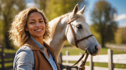 Fototapeta premium Woman standing next to horse at the horse stud in countryside. Equestarian and horseback riding hobby. Woman horse rider