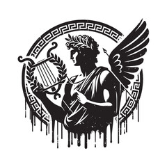 Fototapeta premium Apollo in stencil art with lyre and laurel wreath, grunge dripping spray effect