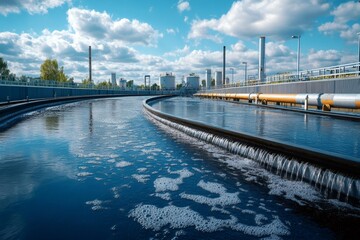 Obraz premium Modern urban wastewater treatment plant cleaning polluted water