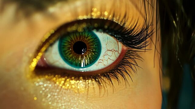 Captivating close-up of a multicolored eye with detailed iris patterns and dramatic makeup highlighting vibrant colors