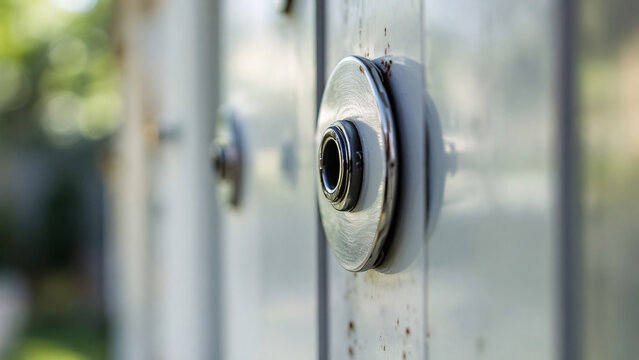 Close-up of a metallic knob on a weathered surface