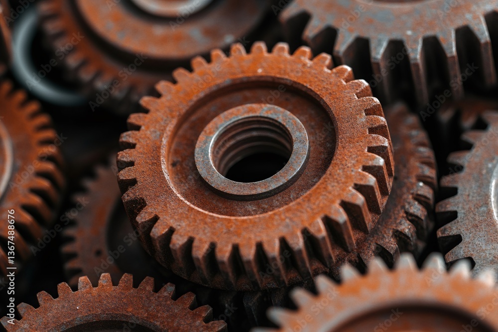 Poster rusty gears showing oxidation and corrosion forming intricate patterns