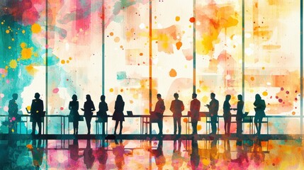 Silhouetted business professionals collaborating in modern office colorful watercolors